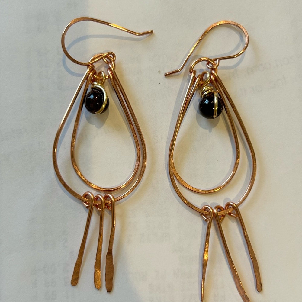 Elegant copper dangle Teardrop Earrings handmade with tassels